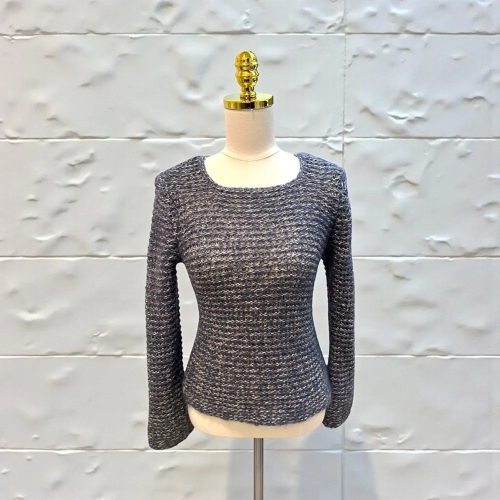 J.Jill Women’s Marled Open Knit Square Neck Flare Sleeve Blue/Gray Sweater Sz XS
